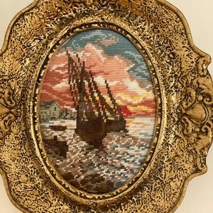 Evening Sail, vintage needle point, Eastern European, plaster cast frame.